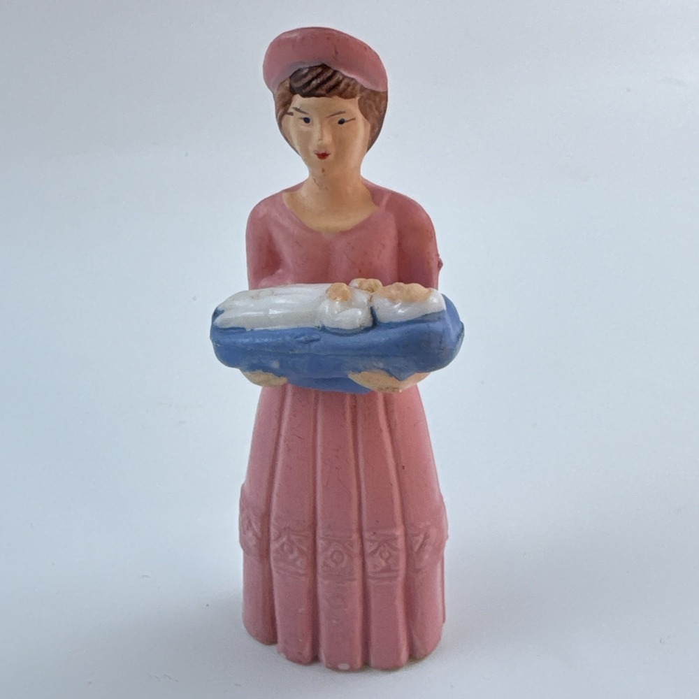 Rare Vtg No 483 3 1/2" Maternity Nurse Figure Pink Dress with Baby Boy in Blue